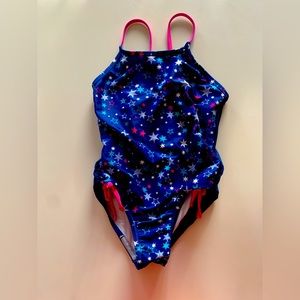 SPEEDO swim suit Girls size S navy with stars and pink bows at legs